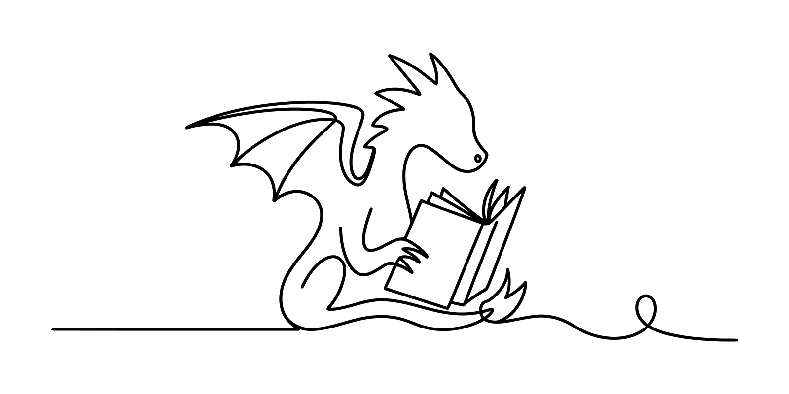 Pen-line drawing of a small dragon reading a book